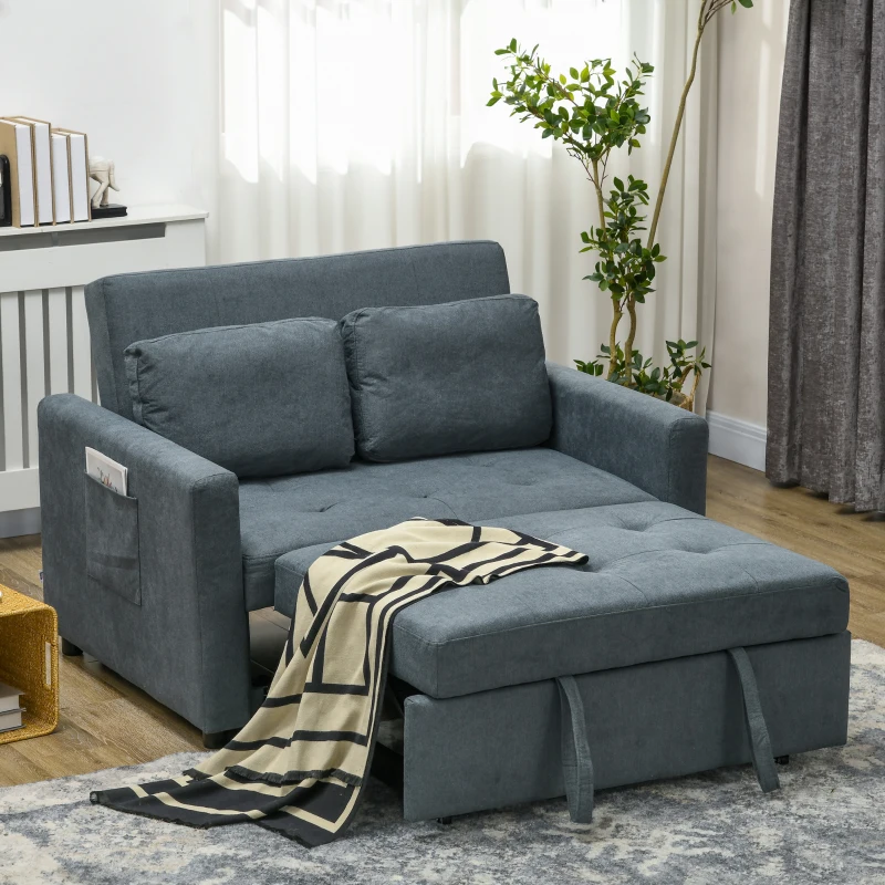 HOMCOM Loveseat Sofa Bed, Convertible Bed Settee with 2 Cushions, Side Pockets for Living Room, Dark Grey