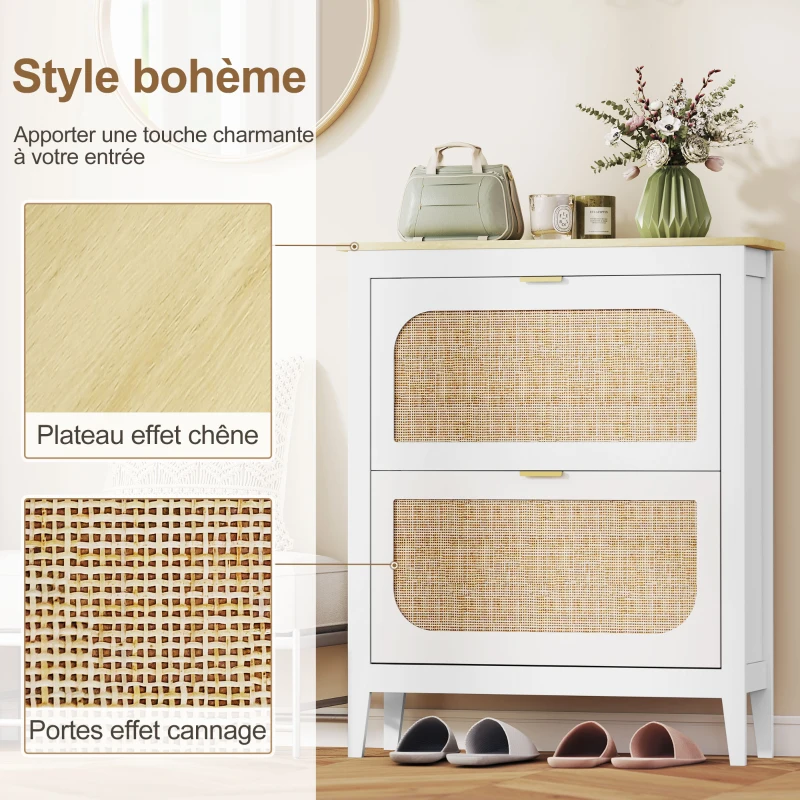 HOMCOM Meuble à chaussures 14 paires bohème avec 2 tiroirs rabattables, portes effet cannage rotin, 80 x 24 x 95,5 cm, blanc