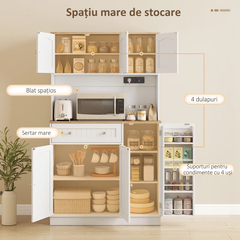 HOMCOM Dulap de bucătărie înalt, 173 cm, cu stație de încărcare, spațiu pentru cuptorul cu microunde, rafturi reglabile, 4 suporturi pentru condimente, alb