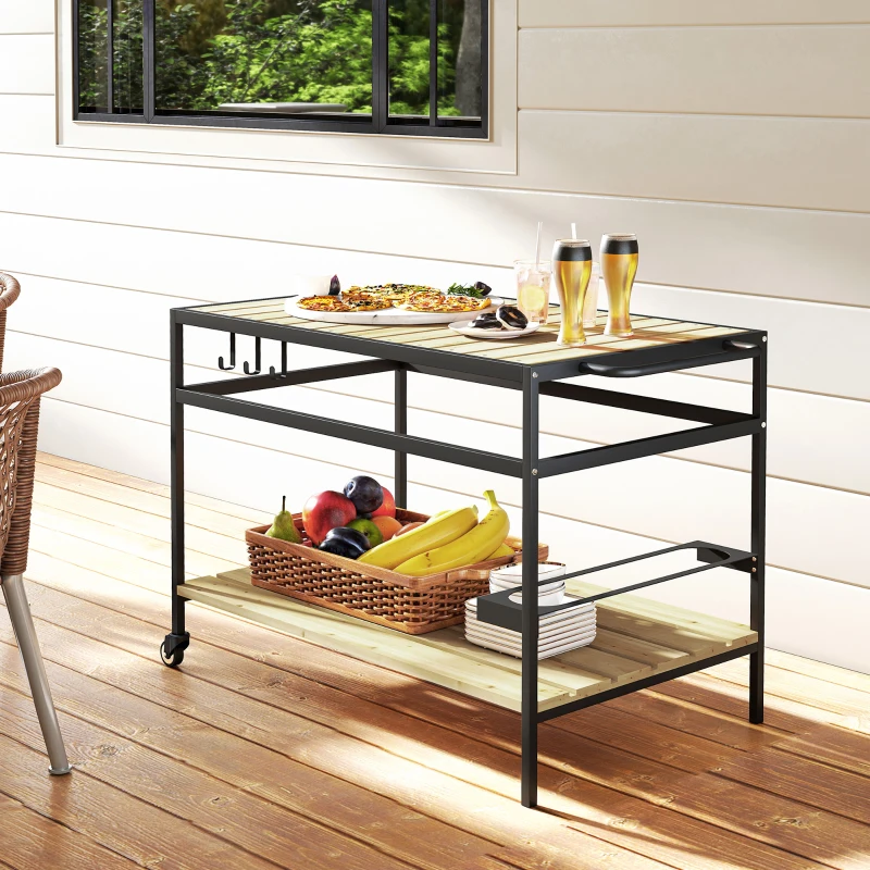 Outsunny serveerwagen, barbecuewagen met 2 planken en haken voor tuin en balkon