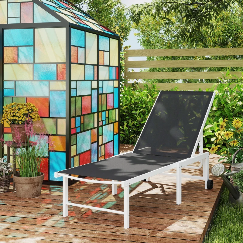 Outsunny Tumbona Reclinable de Jardín Exterior con Ruedas Respaldo Ajustable en 5 Posiciones y Marco de Acero 166x60x84 cm Gris