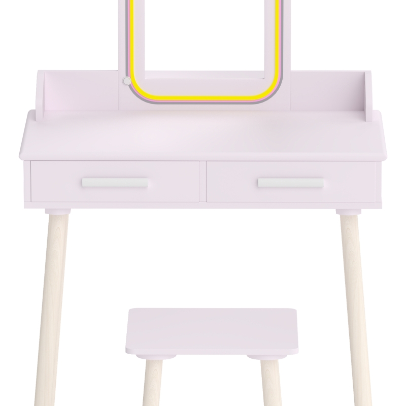 AIYAPLAY make-uppset voor meisjes met kruk, acrylspiegel, 3-kleurige LED, 2 lades, 3-8 jaar, Roze