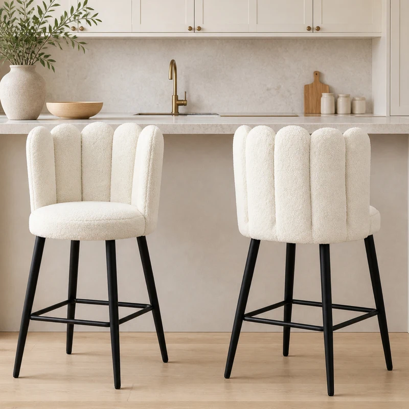 HOMCOM Lot de 2 chaises hautes tabourets de bar avec repose-pieds acier tissu effet laine bouclée hauteur 65 cm crème noir