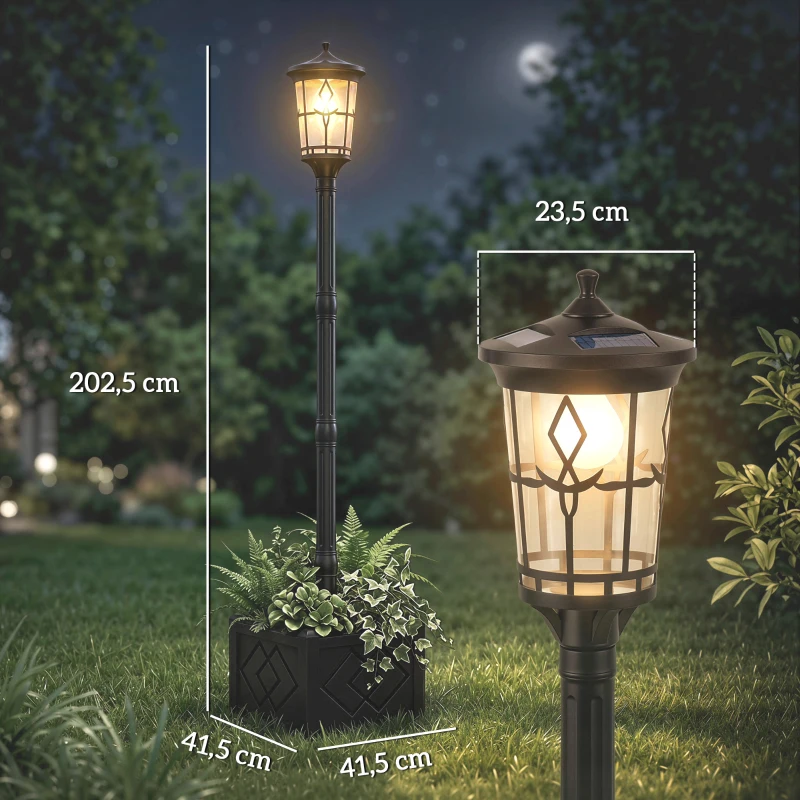 Outsunny Farola Solar Exterior de Jardín con Macetero 2 Modos de Brillo 100/50 lm IP44 Encendido/Apagado Automático Negro