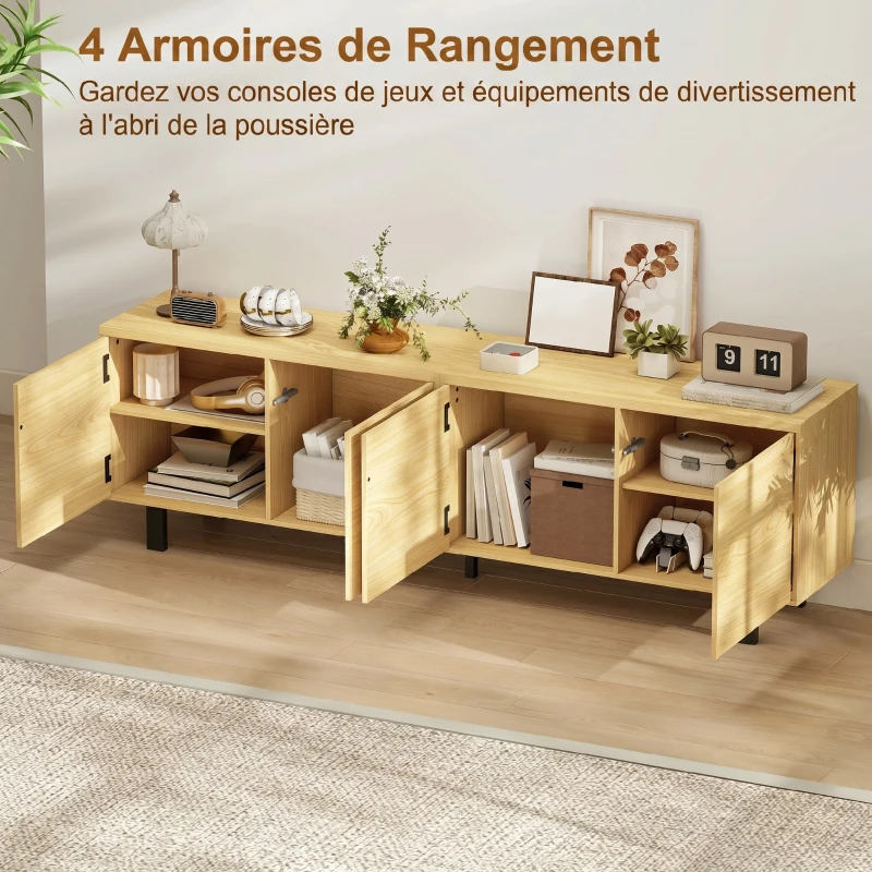 HOMCOM Meuble TV 180 cm, meuble télé pour 82 pouces avec 4 portes à ouverture par pression 180x35x55,5cm bois naturel