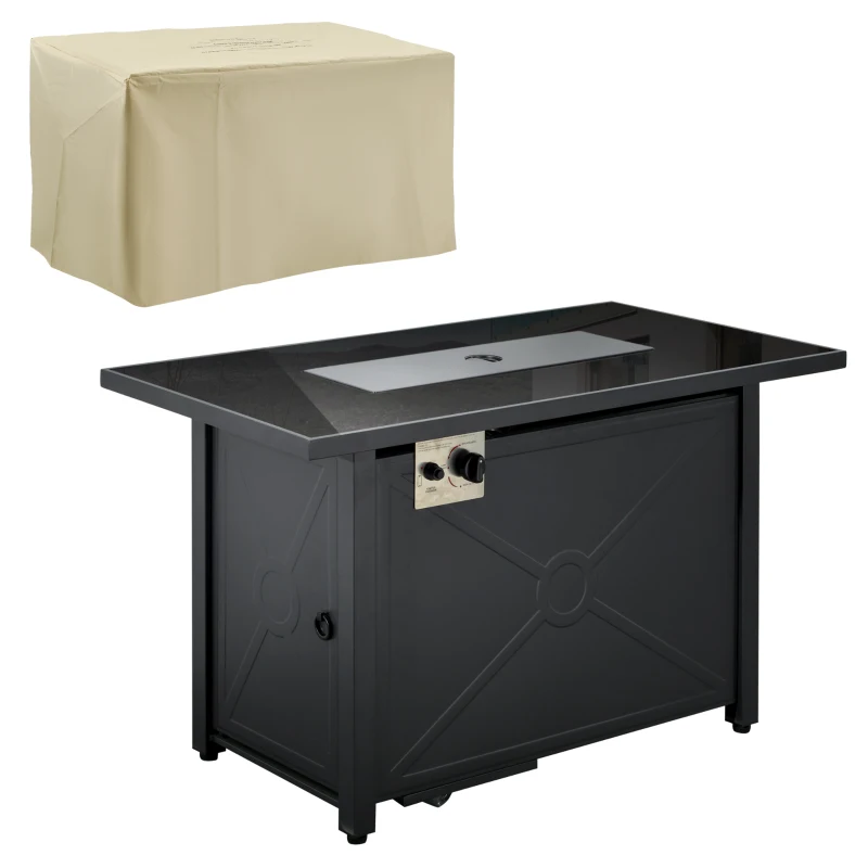 Outsunny Propane Gas Fire Pit Table, 50000BTU Smokeless Firepit Outdoor Patio Heater with Tempered Glass Tabletop, Cover, Glass Beads and Lid, 109cm x 56cm x 64cm, Black