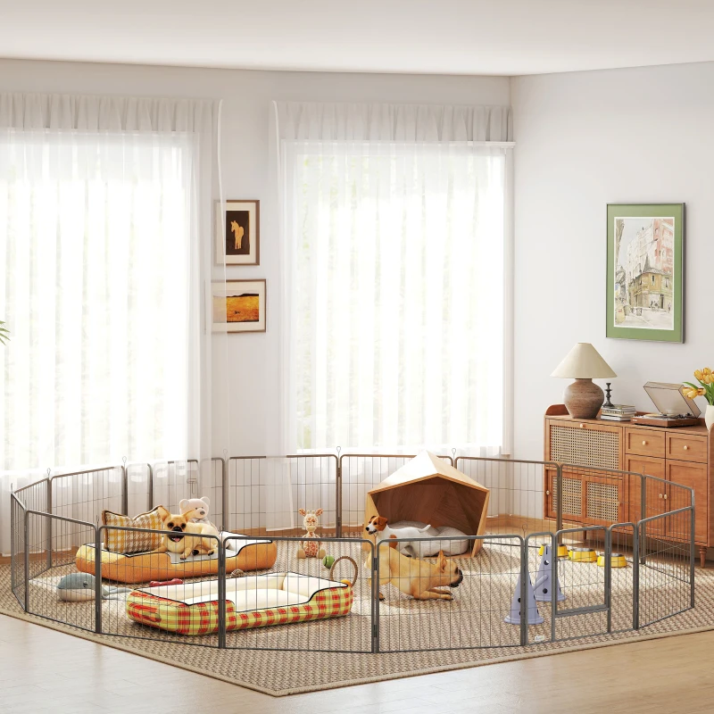 PawHut Parc pour chien, enclos chien 16 panneaux modulable et pliable, portable en acier avec portes 80 x 60 gris