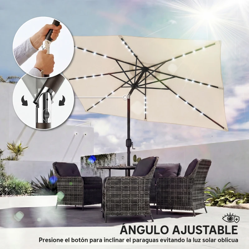 Outsunny Sombrilla de Jardín con 24 Luces LED Solares Dosel Inclinable Poste Metálico 2,9x2,5 m Crema
