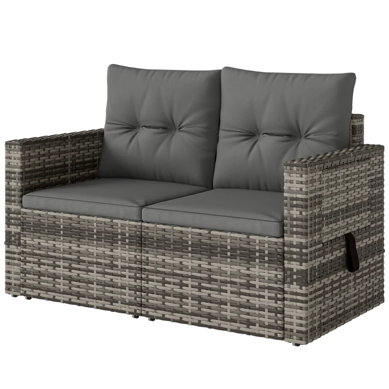 Outsunny 2 Seater Rattan Garden Sofa Outdoor Loveseat with Hidden Side Trays and Cushions for Patio Balcony, Dark Grey