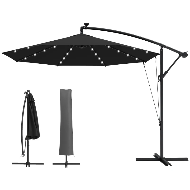 Outsunny 3 m Cantilever Parasol with Solar LED Lights Garden Umbrella with Cross Base, Black