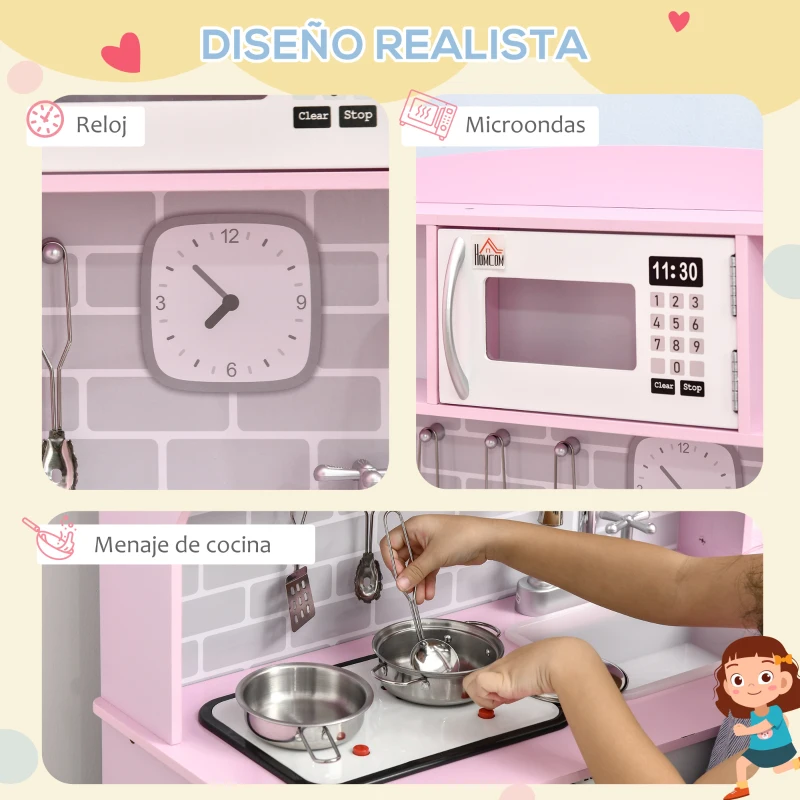 HOMCOM Cocina de Juguete de Madera para Niños de +3 Años Cocinita de Juguete con Luz y Sonidos 70x29x90 cm Rosa