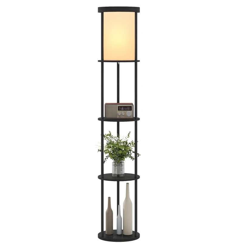 HOMCOM Stehlampe mit 3 Regalen, rundes Design, Fernbedienung, Fußschalter, verstellbare Lichtwärme, für Wohnzimmer, Schwarz