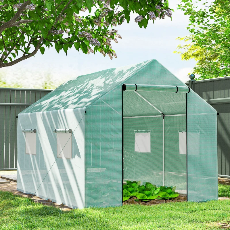 Outsunny Serre de jardin tunnel 2 x 3m, 6m² avec porte enroulable, 4 fenêtres, - Acier galvanisé PE Haute densité Vert