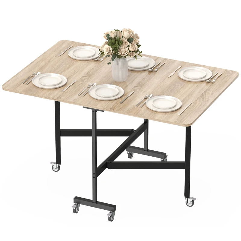HOMCOM Masă Pliabilă pentru 4-6 Persoane cu 2 Extensii și Roți cu Frână, 120x80x73 cm, Stejar