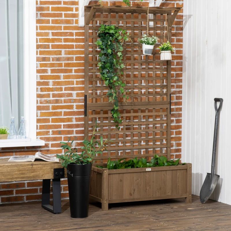 Outsunny Jardinieră Ridicată pentru Exterior cu Spalier și Bară Superioară, Jardinieră din Lemn de Brad cu Găuri de Drenaj pentru Flori și Legume, pentru Grădină și Balcon, Cafeniu Întunecat