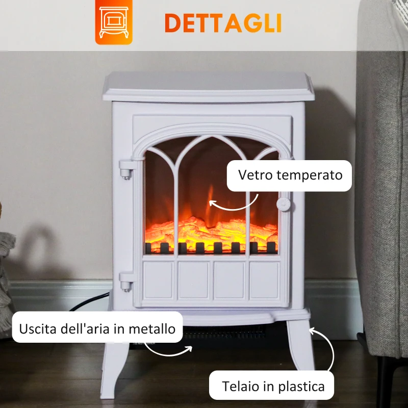 HOMCOM Camino da Terra Elettrico Potenza 1000W / 2000W con Effetto Fiamma Regolabile, 39x23x56.5cm, Bianco