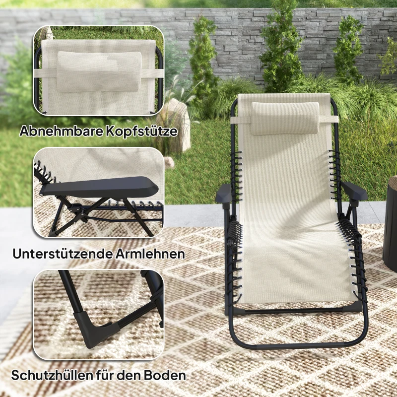 Outsunny Opvouwbare Zonneligstoel Tuinligstoel met Hoofdkussen, 5-standen Verstelbare Rugleuning tot 120 kg Belastbaar Beige