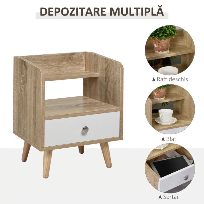 HOMCOM Noptiera Economie Spatiu Mobilier cu Sertar si Raft in Lemn 37x30x48cm - Stejar / alb