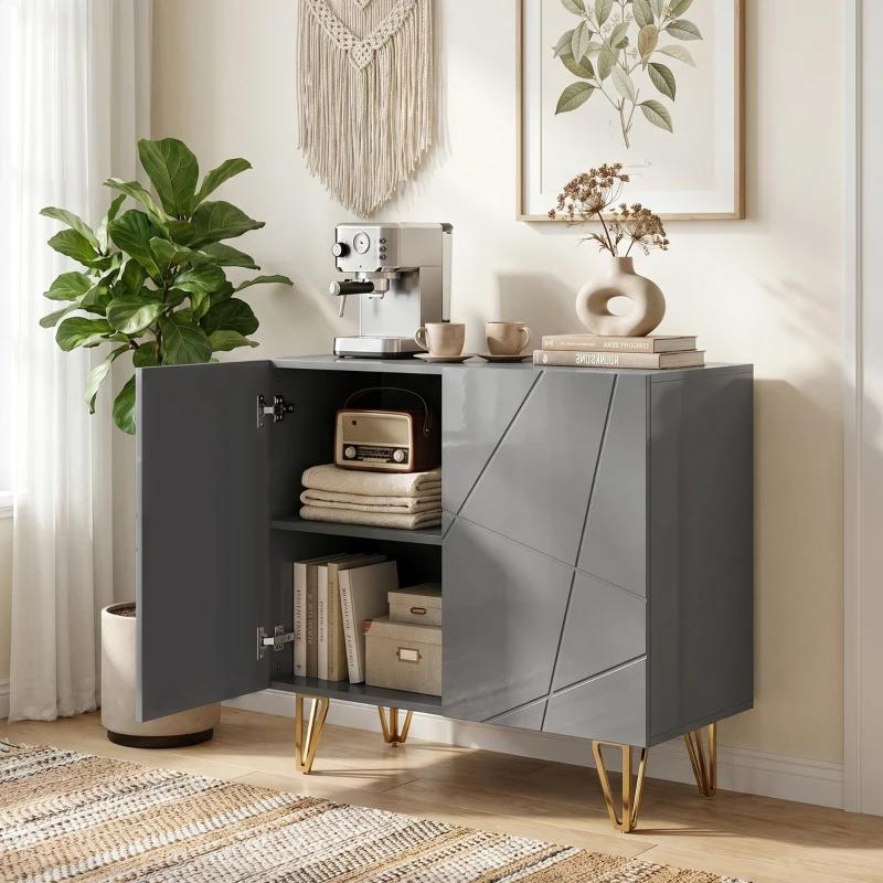 HOMCOM Modern Luxe High Gloss Sideboard, with Hairpin Legs - Grey