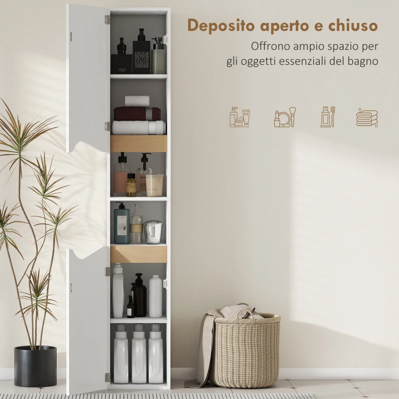 HOMCOM Mobile Colonna Bagno in Legno con 2 Ripiani Aperti e 2 Armadietti, 30x34.6x180.5 cm, Bianco e color Legno