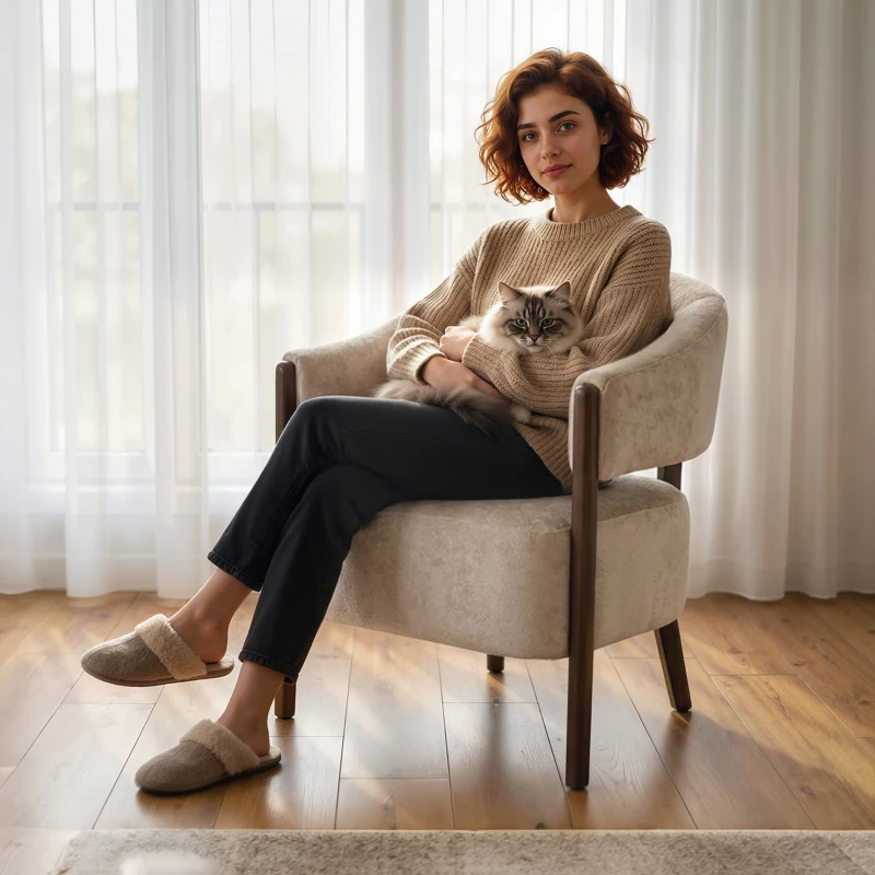 HOMCOM Poltrona da Camera Rivestita in Ciniglia con Struttura e Gambe in Legno Massello, Beige