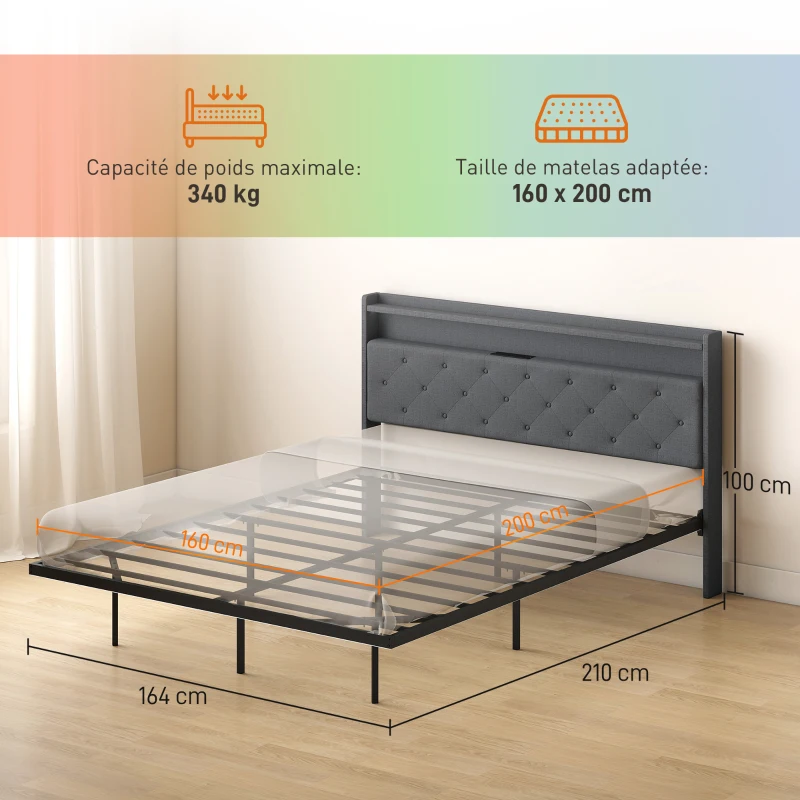HOMCOM Cadre de lit 160 x 200 cm avec sommier acier, lit 2 personnes flottant avec lumières LED RGB et station de charge, gris