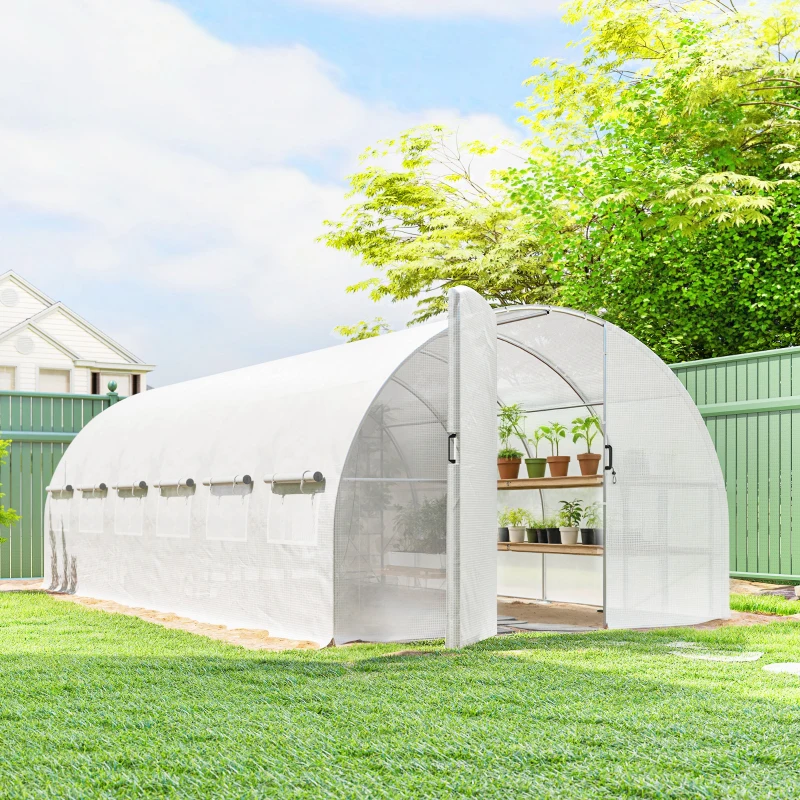 Outsunny Invernadero de Túnel 6x3x2 m con Puerta con Bisagras 12 Ventanas de Malla y Estructura de Acero Galvanizado Blanco