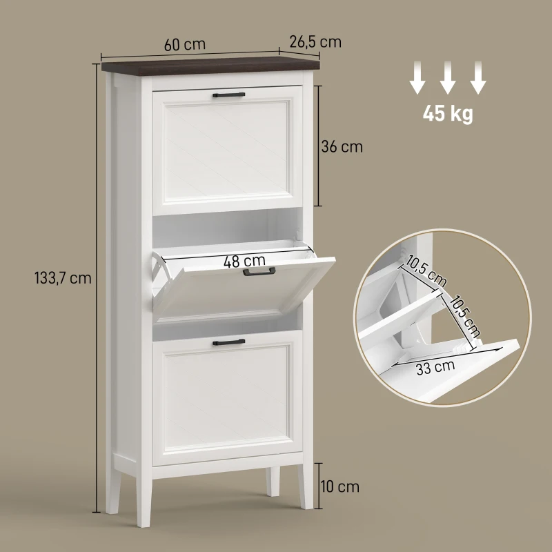 HOMCOM Meuble à chaussures 18 paires, armoire à chaussures étroite avec 3 tiroirs rabattables et étagères réglables, blanc