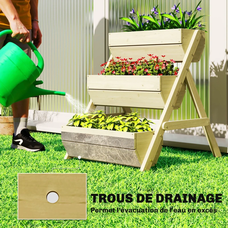 Outsunny Jardinière surélevée en bois avec 3 étages, étagère en escalier pour plantes avec trous de drainage, 65x75x76cm, vert