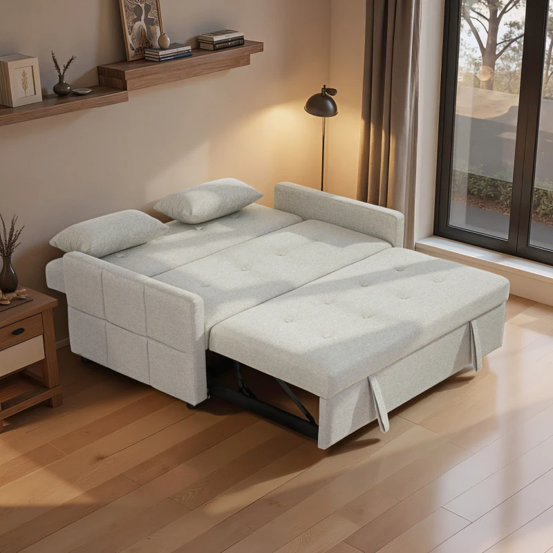 HOMCOM Canapea de 2 Locuri Convertibilă în Pat Clic Clac cu 2 Perne din Material Textil, Maro Deschis