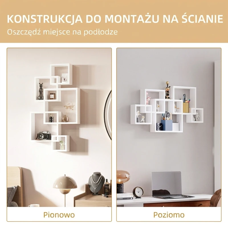 HOMCOM Regał ścienny wiszący z 5 sześcianami, 9 przegródek, dekoracja ścienna do salonu sypialni, drewno świerkowe, biały, 49,5 x 10,2 x 86 cm