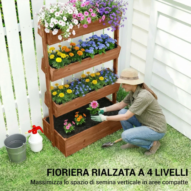 Outsunny Letto da Giardino Rialzato, Fioriera Verticale in Legno con Drenaggio e Rivestimento.