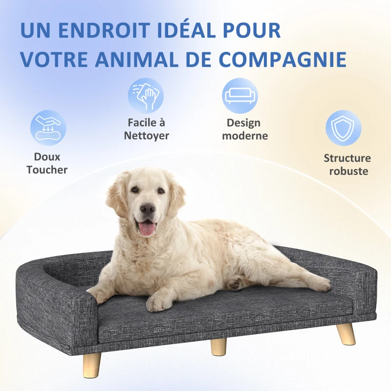PawHut Canapé Chien Grand Lit surélevé pour Chien Coussin Lavable Cadre en Bois Tissu Polyester 98 x 67 x 25 cm Gris Foncé