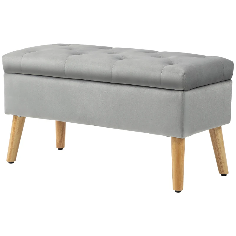 HOMCOM Gestoffeerde Bank met Opbergruimte, Stoffen Bekleding in Fluweel Optiek, Houten Poten, voor Woonkamer, Slaapkamer, Hal, 80 x 35 x 42 cm, Grijs(m-10)