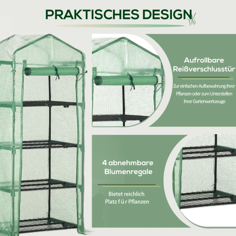 Outsunny foliekas, broeikas, minikas, plantenkas, kweekkas, 4 vakken, 70 x 50 x 160 cm, donkergroen