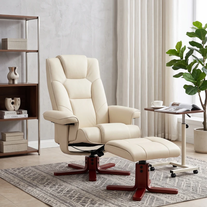 HOMCOM Faux Leather Manual Recliner and Footstool Set - Cream White
