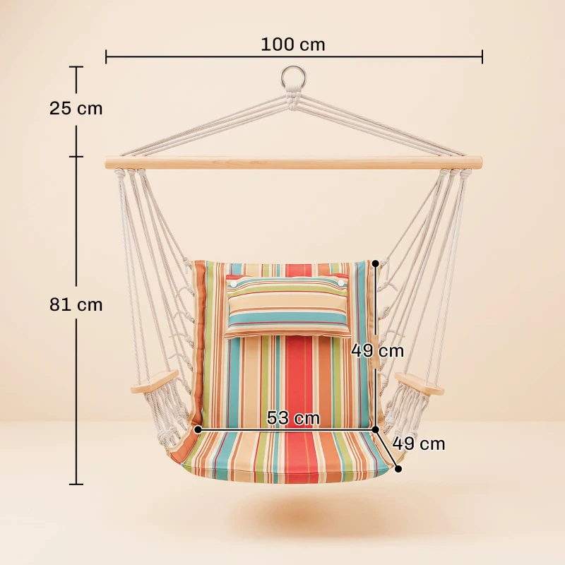Outsunny Hängesessel Hängeschaukel mit Querstrebe und Kissen Deckenhaken Gestell Hängestuhl bis 100kg belastbar Hängesitz für Indoor Outdoor Garten Terrasse Mehrfarbig