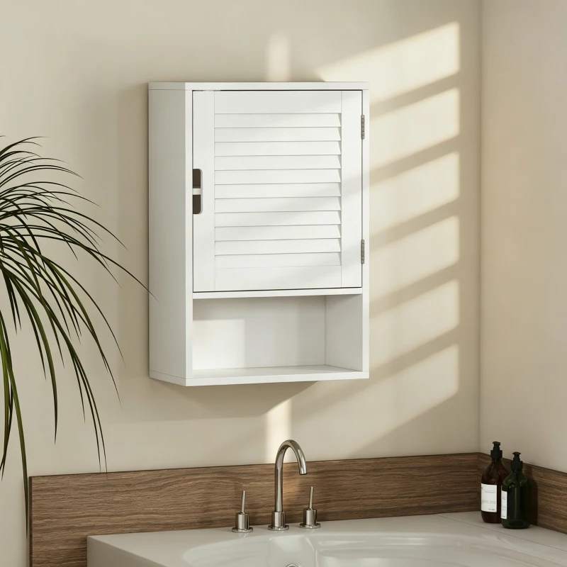 HOMCOM Armoire murale de salle de bain avec porte à lattes, étagère réglable et compartiment ouvert, 40x20x60cm, blanc
