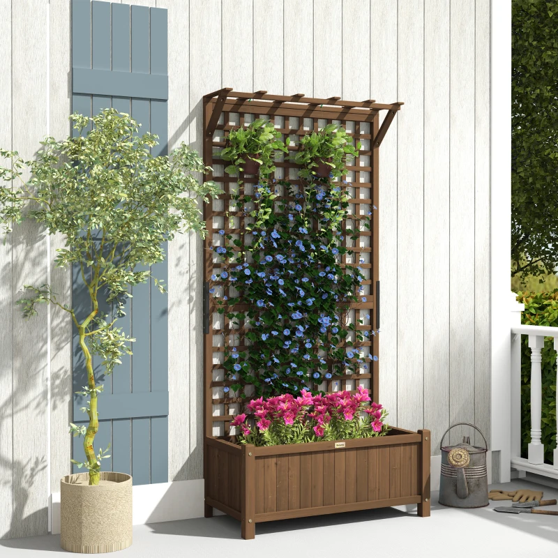 Outsunny Jardinieră Ridicată pentru Exterior cu Spalier și Bară Superioară, Jardinieră din Lemn de Brad cu Găuri de Drenaj pentru Flori și Legume, pentru Grădină și Balcon, Cafeniu Întunecat