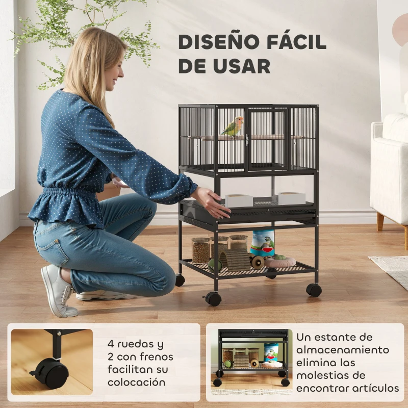 PawHut Jaula para Pájaros con Paneles Acrílicos Comederos Soporte Ruedas y Estante Inferior 48x46x83 cm Negro