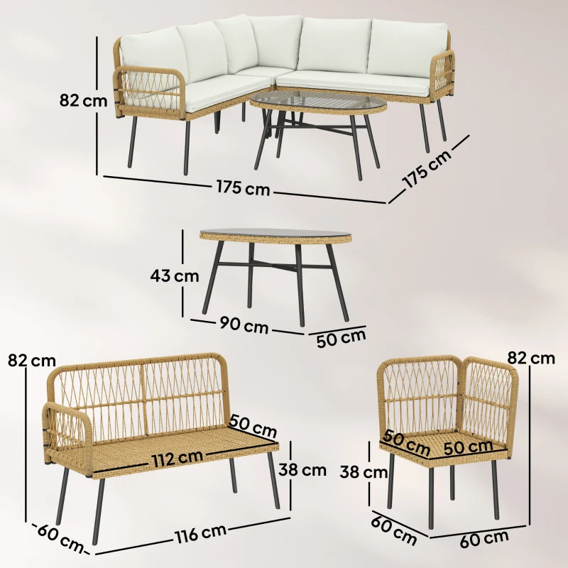 Outsunny Polyrattan Tuinmeubelset 4-delig, Loungeset met Hoekbank Tweezitsbank Glazen Tafel Afneembare Kussens voor 5 Personen
