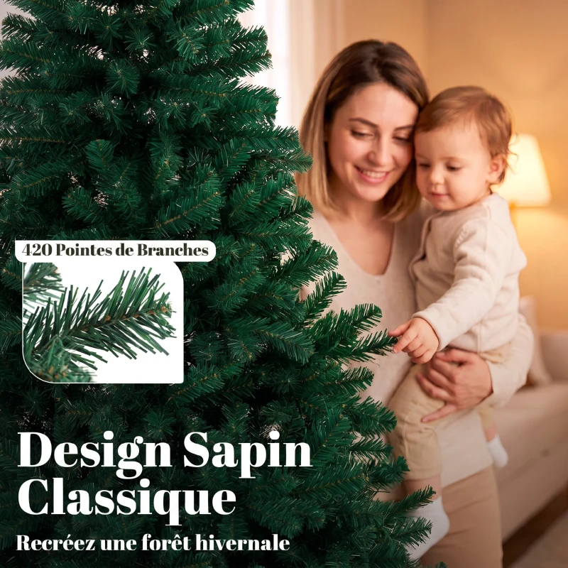 HOMCOM Sapin de Noël Artificiel 150 cm, Arbre de Noël avec 420 Pointes de Branches Articulées, Support Pliable en Acier, Vert