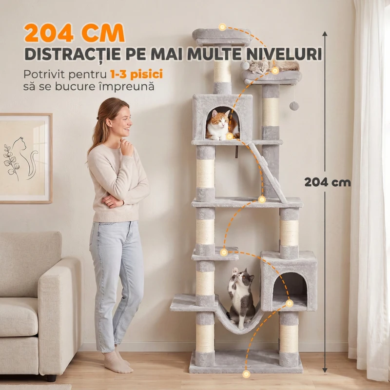 PawHut Ansamblu Joacă Pisici XXL Multinivel 204 cm cu Stâlpi Sisal, Culcușuri și Hamac, 60x48x204 cm, Gri Deschis