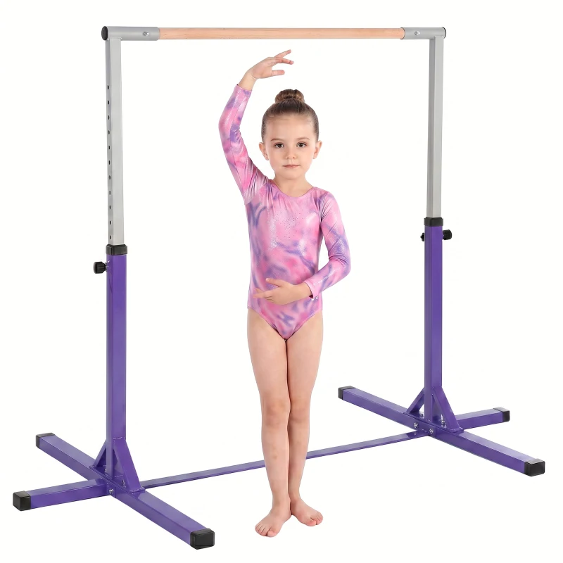 HOMCOM Bară de Gimnastică pentru Copii 3+ Ani cu Înălțime Reglabilă, Oțel și Lemn de Fag, Violet
