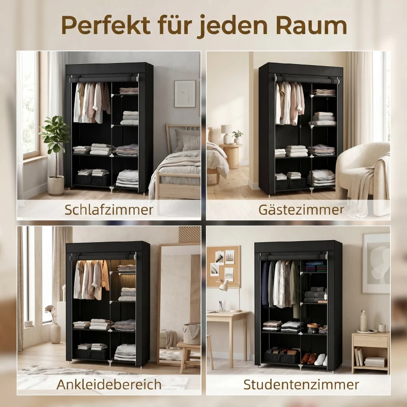HOMCOM Stoffen kast, opbergoplossing, 6 planken, 1 kledingstang, zwart
