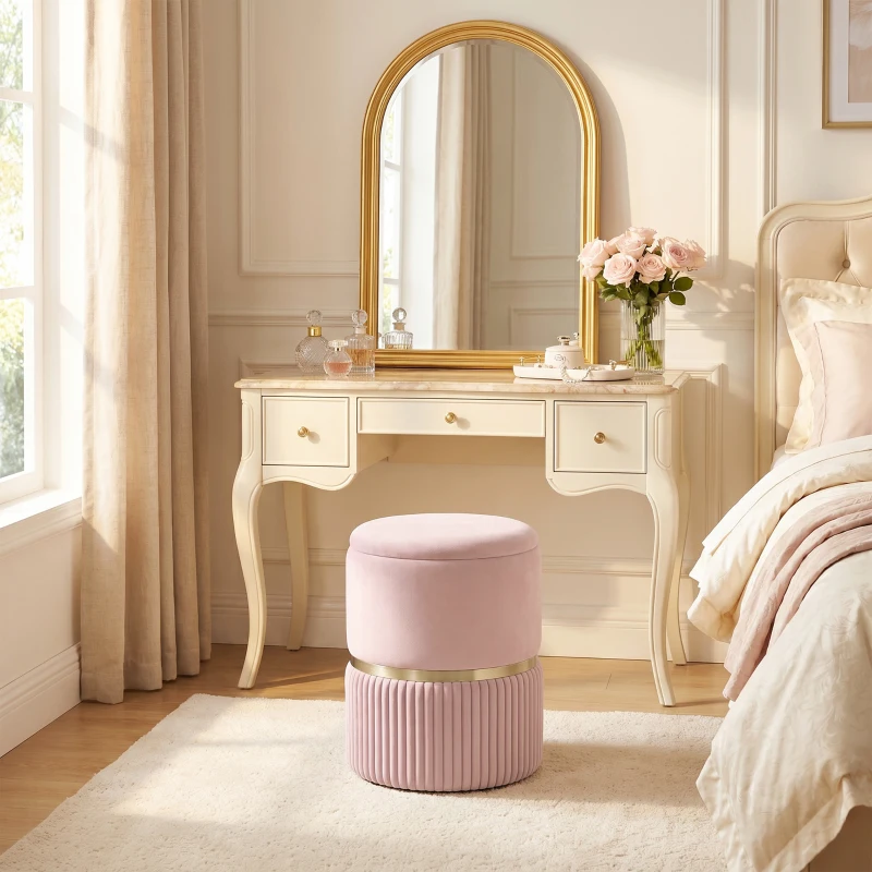 HOMCOM Pouf tabouret repose-pied coffre de rangement en velours côtelé 36 x 36 x 44 cm pour salon chambre rose