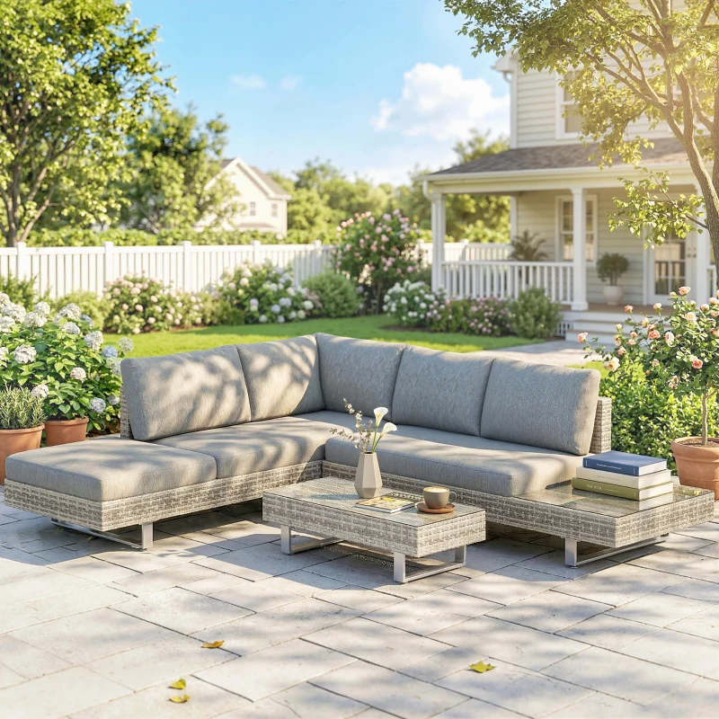 Outsunny Conjunto de Jardín Exterior de Ratán de 3 Piezas con Sofá Modular de 3 y 2 Plazas Mesa Lateral Mesa de Centro Cojines