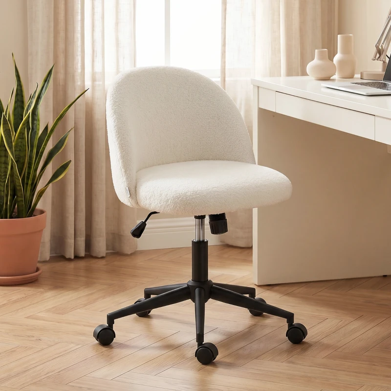 HOMCOM Chaise de Bureau Pivotante en Fourrure Teddy, Hauteur Réglable, Roulettes, Mousse Haute Résilience, Crème