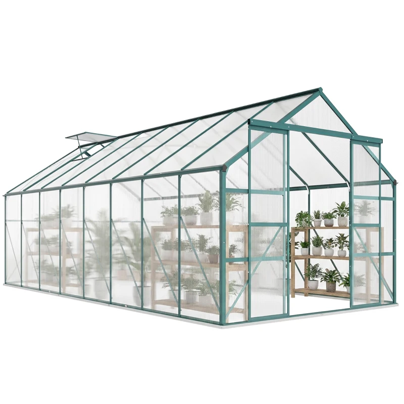 Outsunny Serre de jardin en aluminium polycarbonate avec fondation, serre avec fenêtre réglable porte coulissante 244x500x216cm