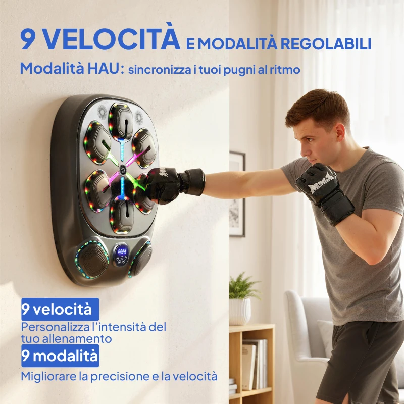 SPORTNOW Macchina da Boxe Musicale a Parete con 9 Modalità, Luci LED e Connessione Bluetooth, 61x48x11 cm, Nero